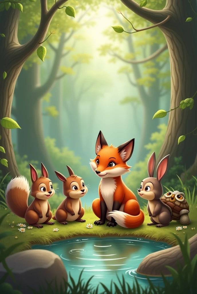 Friends squirrel , rabbit and owl y turtle chatting with a friendly fox near the water. u v