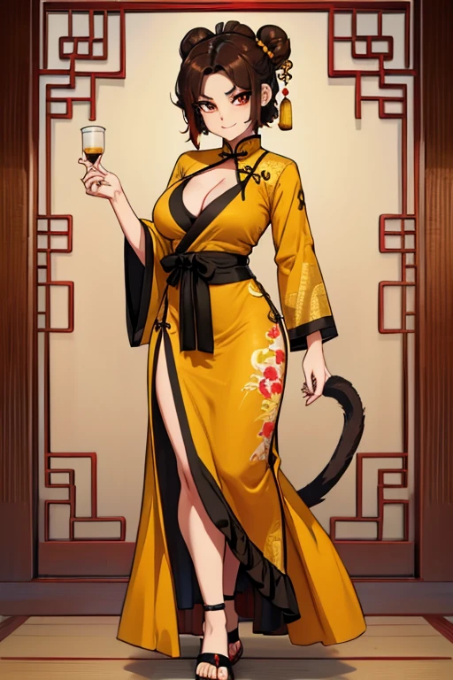 female, brown short messy hair, red eyes, brown monkey ears, brown monkey tail, (((1girl))), (((yellow Chinese dress))), (black sash), (black Chinese slippers), cute and sexy, full body, large breasts, long legs, smirking, cleavage