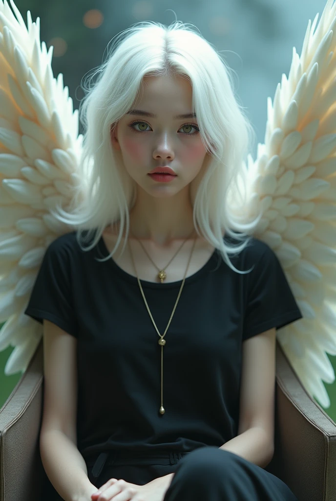 Cute
have a fairy face smooth skin pink lips white hair perfect body setting in the chair a
with black t-shirt and necklace
and Smoky background and big wings of angel in the back