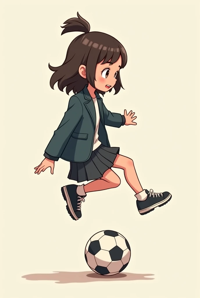Girl in blazer skirt and sneakers sitting on and  bouncing on a tiny soccer ball
