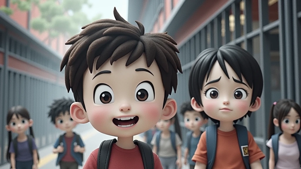 Create animated images of a child's school life from beginning to end, showing good and bad moments among classmates.