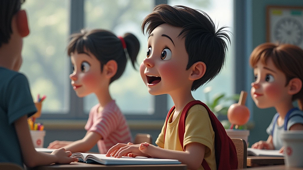 Create animated images of a child's school life from beginning to end, showing good and bad moments among classmates.