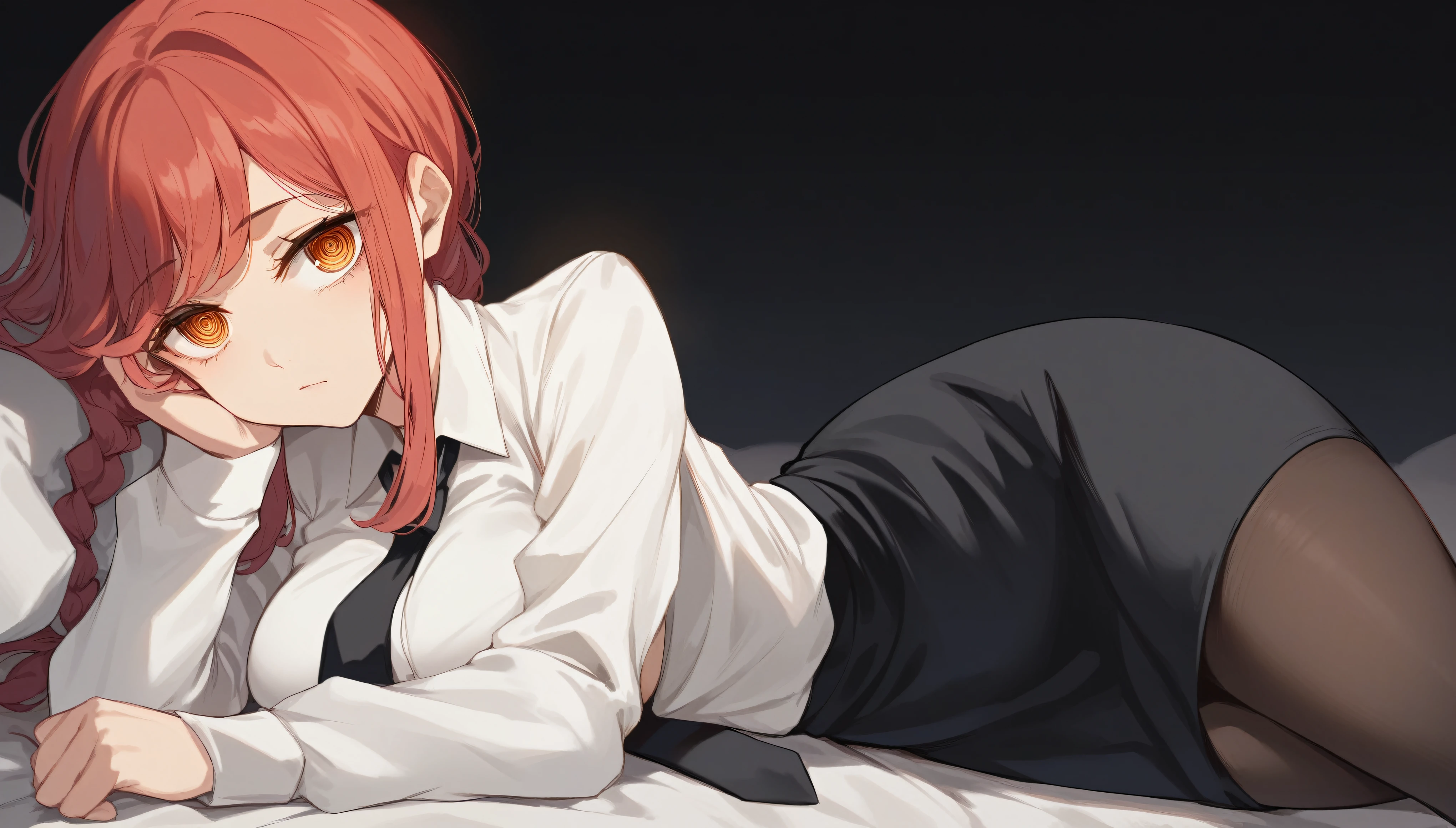 masterpiece，high resolution，Anime Art，Anime Numbers， 4k anime wallpaper，Soft Light，Solitary，Looking at the audience，Looking at the camera，1 anime girl，Lying down，Red hair, Braided long hair，(Bright Eyes: 1.4), (Golden Eyes: 1.3), Dilated pupils，A cold expression，Firm chest，Big breasts，White shirt，Black Tie，Black hip skirt，Black pantyhose，black background