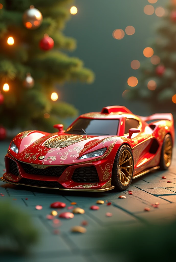 prototype toy car with red colors, O verde, The White, the gold and silver shining Christmas theme



