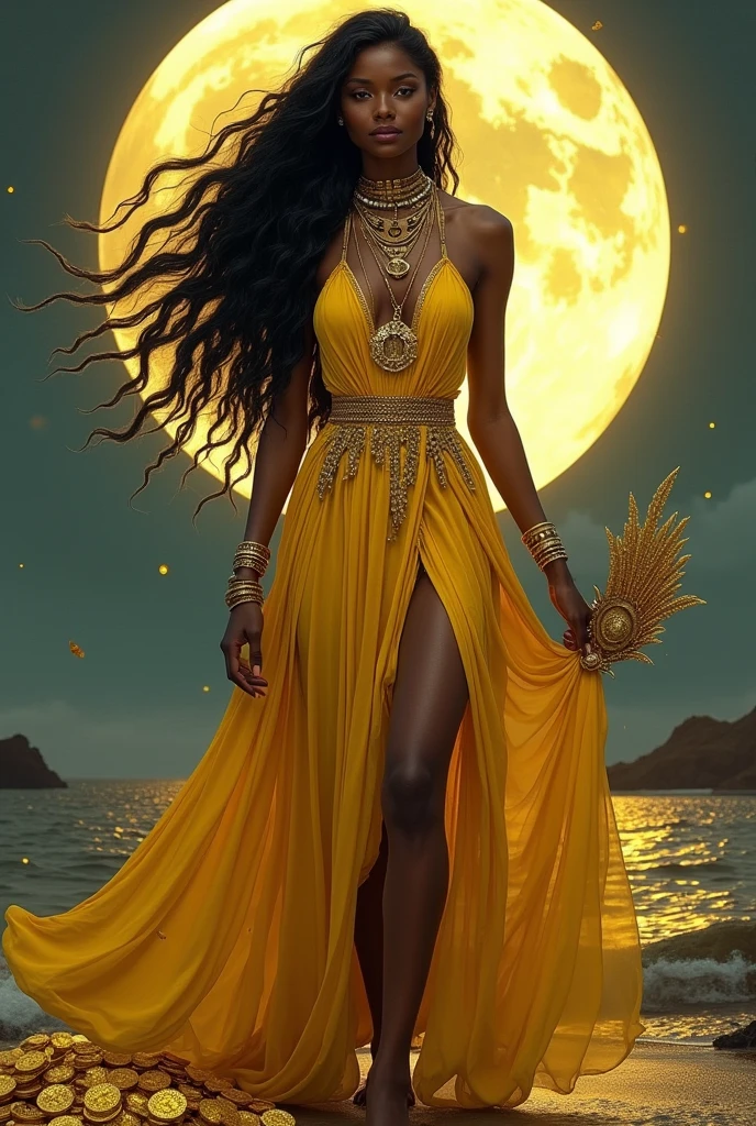 african woman, yellow and gold dress, queen of the rivers, gold coins, long wavy black fur , full moon, necklaces. jewelry, fertility , wind , hand mirror, 