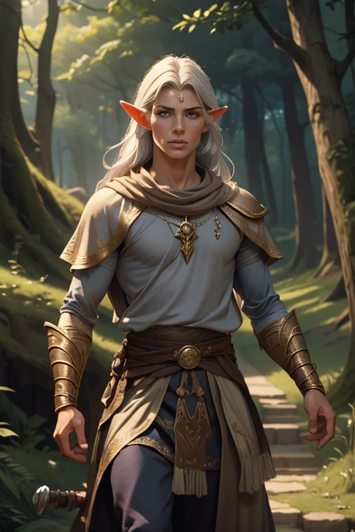 Create a detailed and realistic fantasy-style image of Roithael Glavariel de Arathel, a young hybrid warrior-prince with a mix of human and elven traits. He has long, flowing silver hair that shines in the light, and striking violet eyes. His ears are slightly pointed but more rounded compared to typical elven ears, signifying his mixed heritage. His skin has a golden hue, subtly glowing, indicating his connection to elemental magic. He stands tall and lean with a well-toned physique, exuding both strength and grace.Roithael is dressed in a finely crafted mithril armor that is both protective and elegant, with intricate designs that reflect his noble status. Over the armor, he wears a white cloak that billows slightly as if caught by a gentle breeze, symbolizing his mastery of astral magic. Around his waist, he carries a finely forged double-edged sword with an elven design, inscribed with glowing magical runes.The background should be a lush, enchanted forest, with elements that blend both human and elven architecture, reflecting Roithael's dual heritage. The atmosphere should convey a sense of mystical energy and ancient magic.