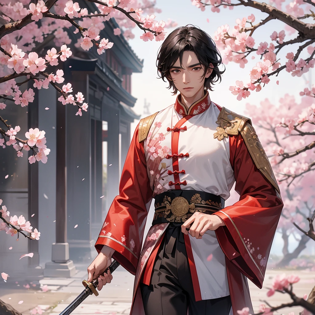 Handsome black-haired male general holding a large sword in ancient Chinese general costume, walking In the middle of a cherry blossom storm, cherry blossoms are falling from the trees, Behind them are cherry trees that are in full bloom.