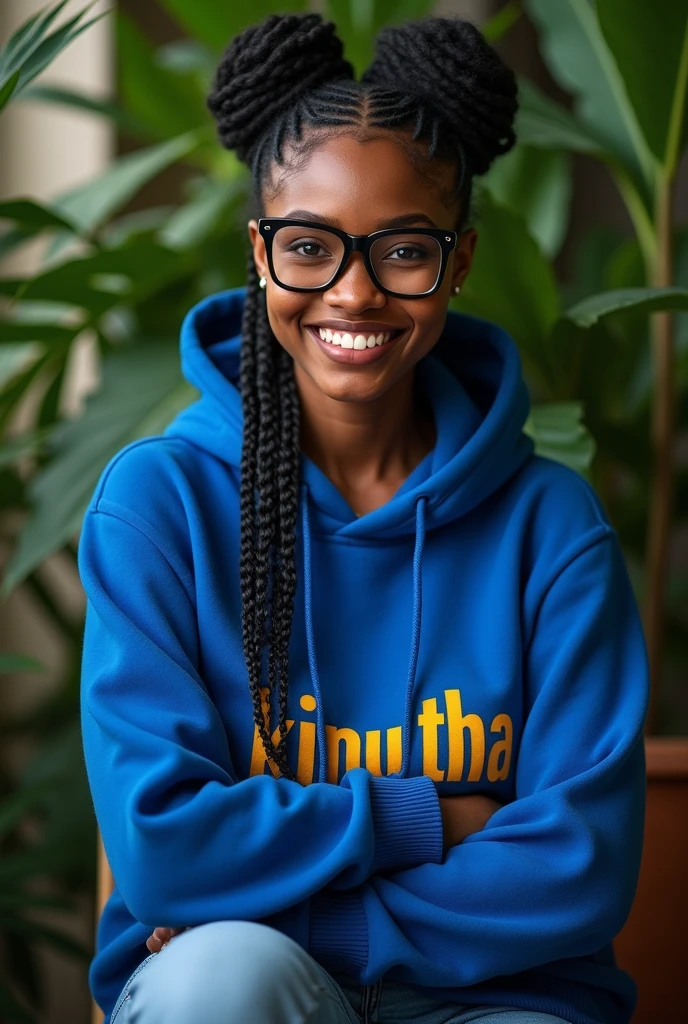 (photorealism:1.2), beautiful black African woman,22 years,sharp boobs, smiling wearing a fitting blue hoodie written "Kinuthia",long braids, black oversized photo chromatic glasses, sitting on a photo studio stool, plants in background cardi B inspiration