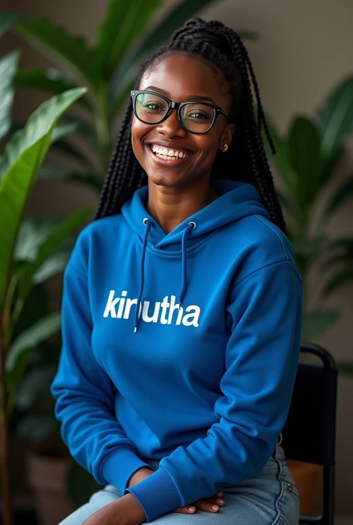 (photorealism:1.2), beautiful black African woman,22 years,sharp boobs, smiling wearing a fitting blue hoodie written "Kinuthia",long braids, black oversized photo chromatic glasses, sitting on a photo studio stool, plants in background cardi B inspiration
