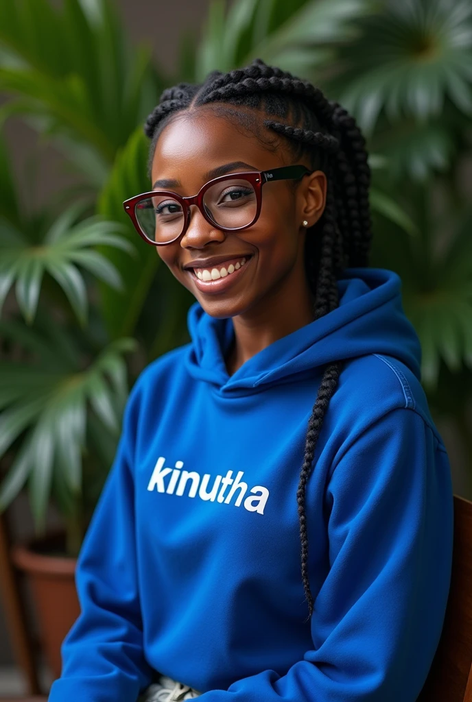 (photorealism:1.2), beautiful black African woman,22 years,sharp boobs, smiling wearing a fitting blue hoodie written "Kinuthia",long braids, black oversized photo chromatic glasses, sitting on a photo studio stool, plants in background cardi B inspiration