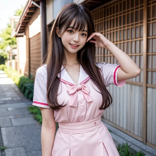 laughing out loud,Wearing a pink Japanese student sailor uniform, (knee shot), 1 girl, On the face, light brown hair, blunt bangs, hair behind ears, Hair over the shoulders, long hair, Slender body type, Super thin face, face slimming, delicate lips, beautiful eyes, Thin blush, Eyes are light brown,Check it out here, (realistic:1.3), standing next to the street, 8k, , Super detailed, high quality, best quality, High resolution, ,Large Breasts,H CUP,