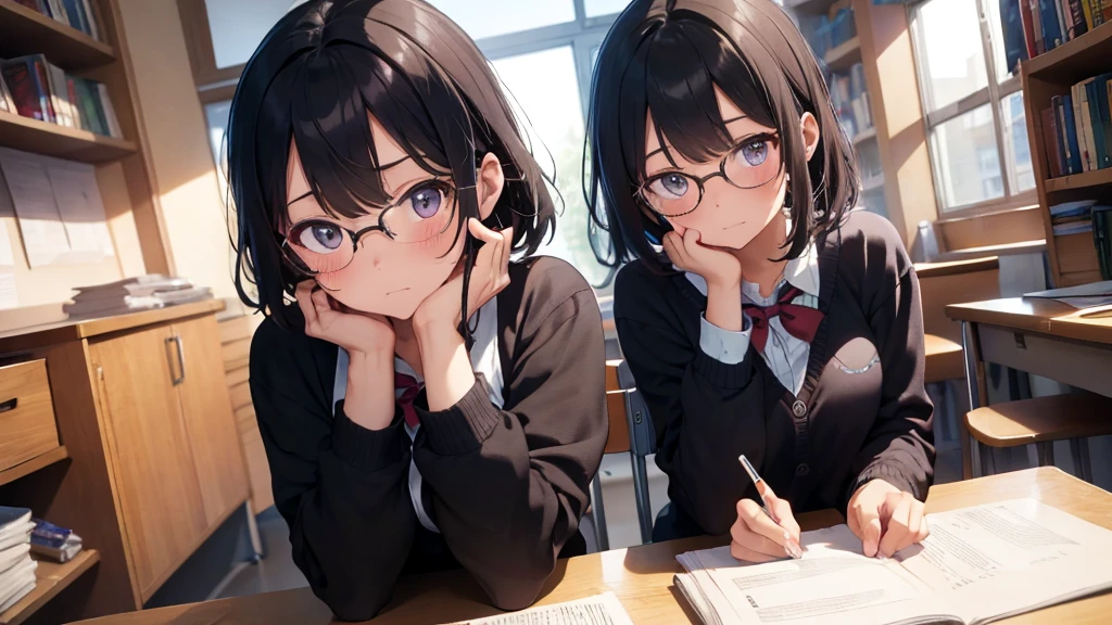 ​masterpiece, top-quality, High-quality images, high resolution, 8K, 1 student, solo, detailed, Detailed eye depiction, skin gloss, school uniform, large breast, Lustrous hair, Black short-haired, disheveled hair, Round glasses, Narrow old room, many bookshelves, studying, shy expression, blushing heavily, sitting at table, looking at viewer