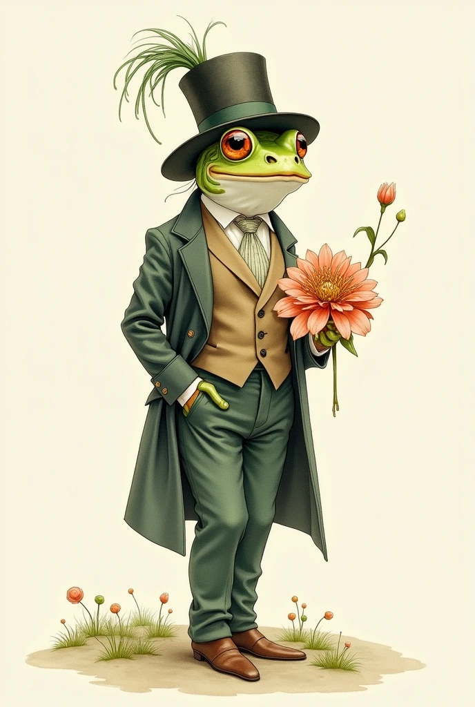 A vintage captivating detailed watercolor illustration of an anthropomorphic frog gentleman from a bygone era, exudingsophistication and charm. A vintage illustration of a dapper frog standing upright. The frog is dressed in a Victorian-style outfit, complete with a large, feathered hat, a long coat, and trousers. It holds a large flower in one hand, almost like a walking bouquet. The frog's expression is charming and confident, adding a whimsical and playful touch to the drawing. The style is reminiscent of classic storybook illustrations.The serene village scene in the background further emphasizes the character's charm. Inspired by the styles of Quentin Blake, Alberto Vargas, and Zdzislaw Beksinski, this enchanting work features a soft, light color palette and minimal details. It masterfully blends elements of dark fantasy, illustration, anime, and painting, resulting in a dream, painting, dark fantasy, illustration, anime