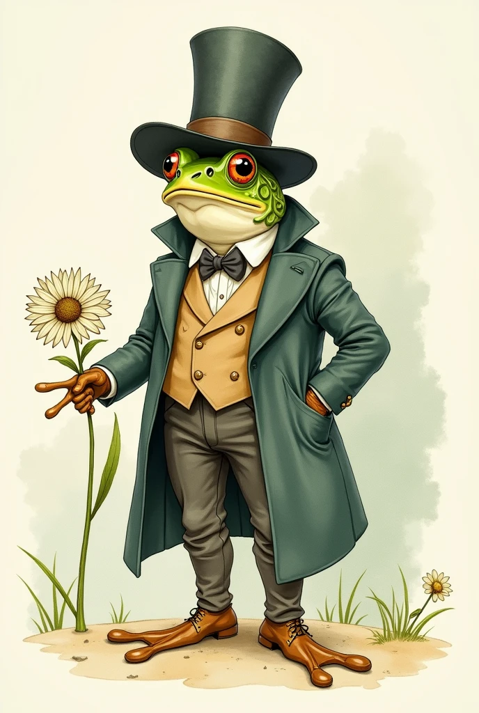 A vintage captivating detailed watercolor illustration of an anthropomorphic frog gentleman from a bygone era, exudingsophistication and charm. A vintage illustration of a dapper frog standing upright. The frog is dressed in a Victorian-style outfit, complete with a large, feathered hat, a long coat, and trousers. It holds a large flower in one hand, almost like a walking bouquet. The frog's expression is charming and confident, adding a whimsical and playful touch to the drawing. The style is reminiscent of classic storybook illustrations.The serene village scene in the background further emphasizes the character's charm. Inspired by the styles of Quentin Blake, Alberto Vargas, and Zdzislaw Beksinski, this enchanting work features a soft, light color palette and minimal details. It masterfully blends elements of dark fantasy, illustration, anime, and painting, resulting in a dream, painting, dark fantasy, illustration, anime