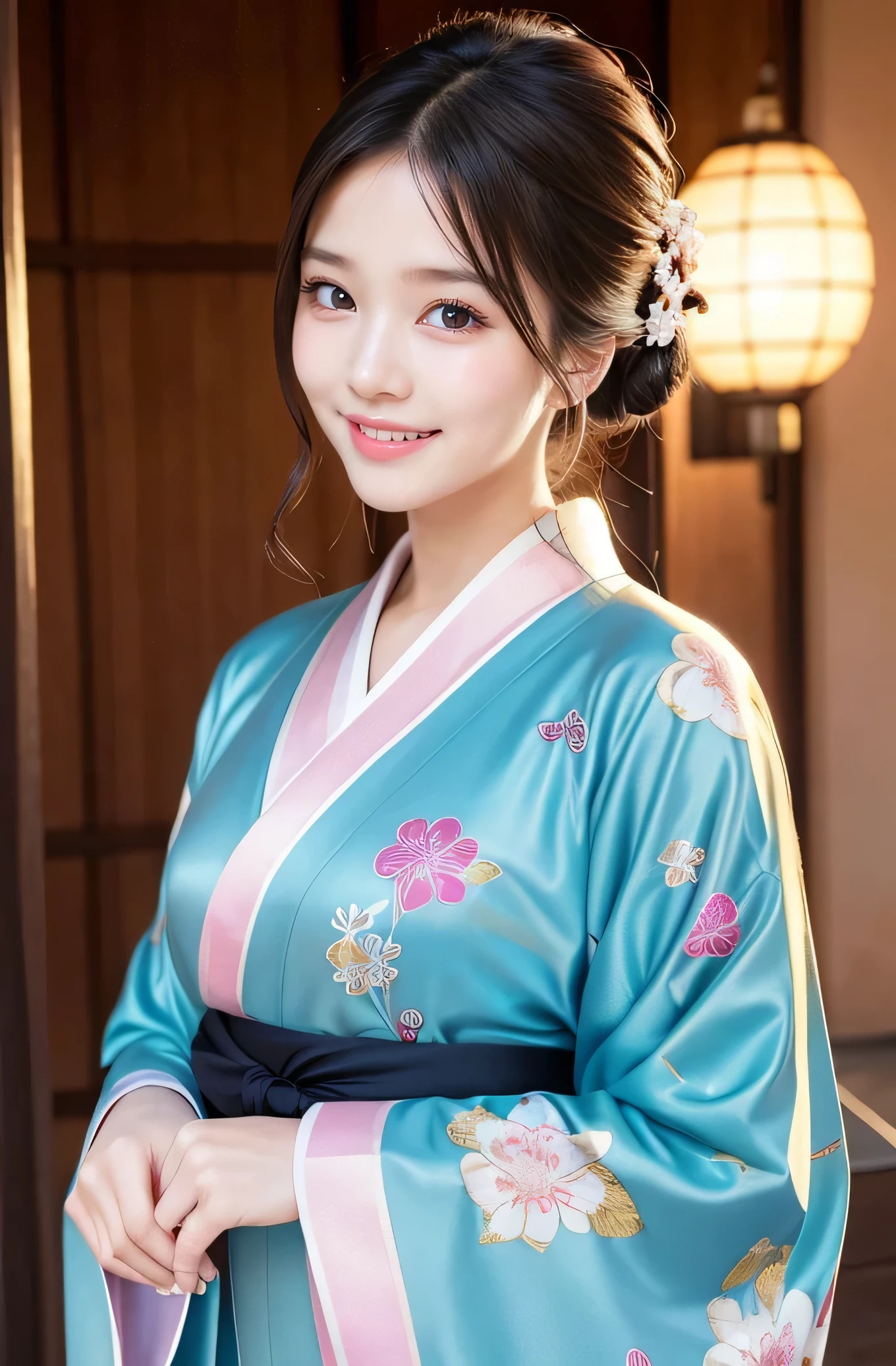 very cute girl, super cute face,clear attractive eyes, detailed Beautiful eyes,smiling, realistic photograph,gorgeous flamboyantly colored long sleeves kimono,
furisode ,very beautiful kimono,
Costume lighting