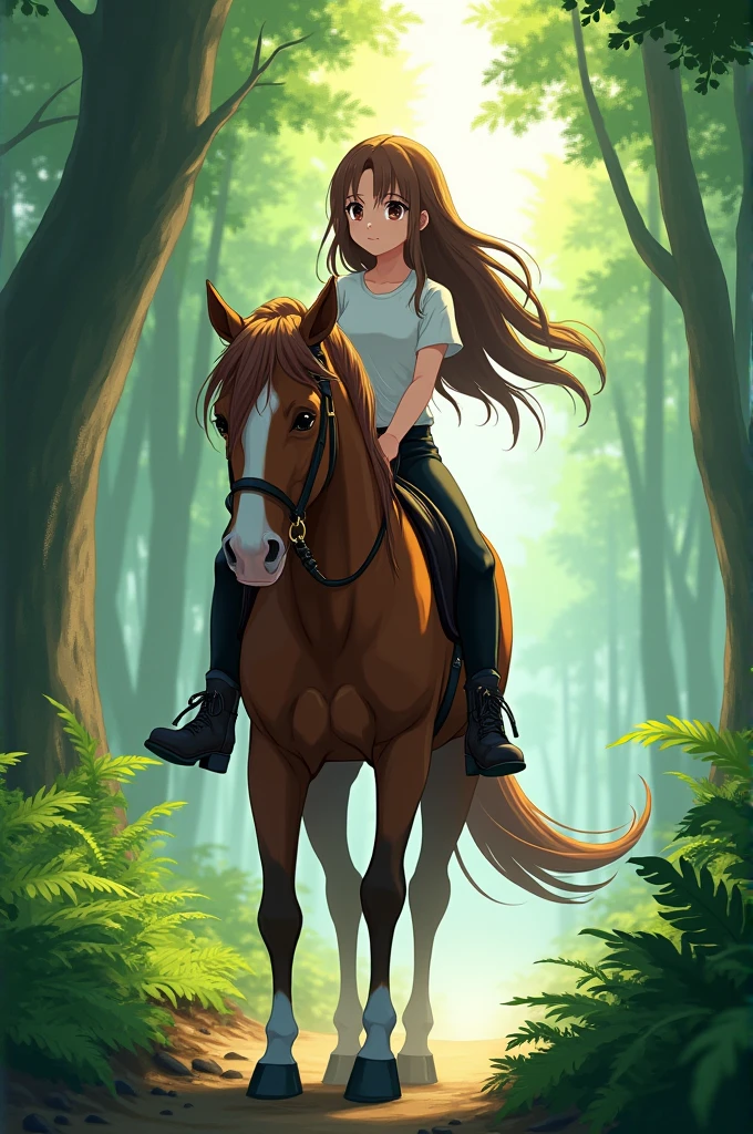 Girl riding a horse in a forest with brown hair and brown eyes wearing a white t-shirt, black riding pants and boots, in stile anime