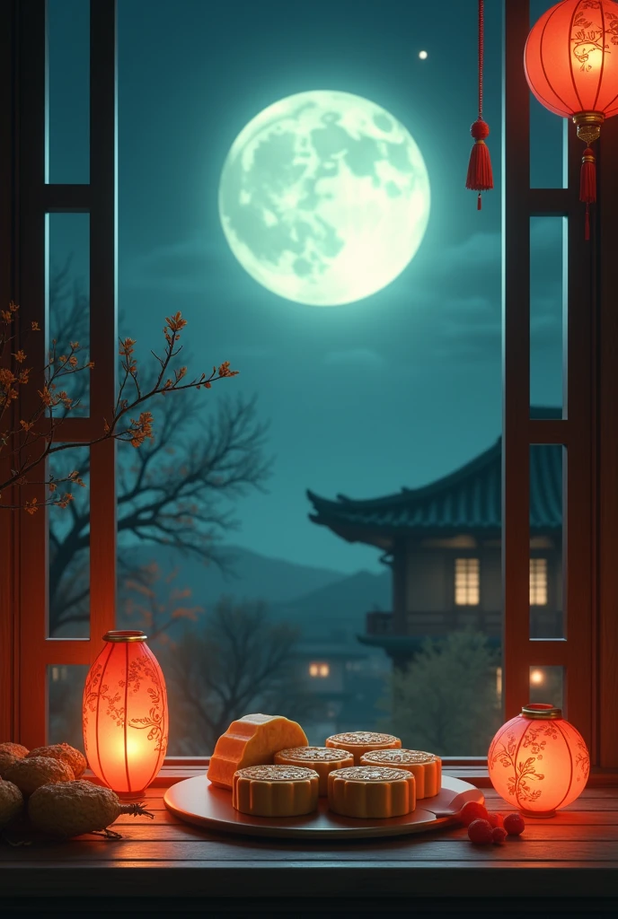 Full Moon Mid-Autumn Night，The moonlight outside the window fills the courtyard。A bright moon hangs high in the sky，Bright as jade,The light flows。The table is colored golden、Fragrant mooncakes,Exuding a strong Mid-Autumn Festival flavor。(best quality,4K,8k,high resolution,masterpiece:1.2),Super detailed,(Practical,photoPractical,photo-Practical:1.37)