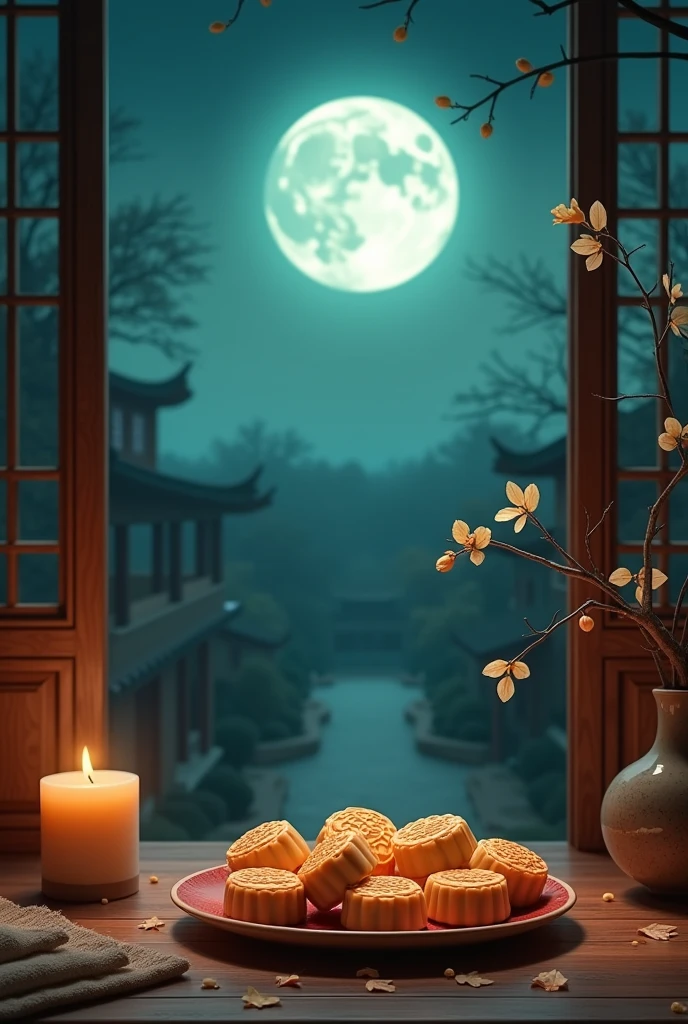 Full Moon Mid-Autumn Night，The moonlight outside the window fills the courtyard。A bright moon hangs high in the sky，Bright as jade,The light flows。The table is colored golden、Fragrant mooncakes,Exuding a strong Mid-Autumn Festival flavor。(best quality,4K,8k,high resolution,masterpiece:1.2),Super detailed,(Practical,photoPractical,photo-Practical:1.37)