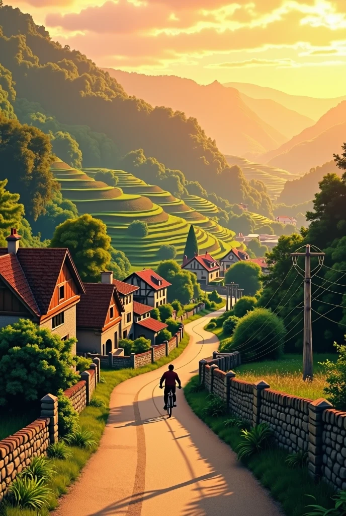 Terraced country road in the 90s at sunset