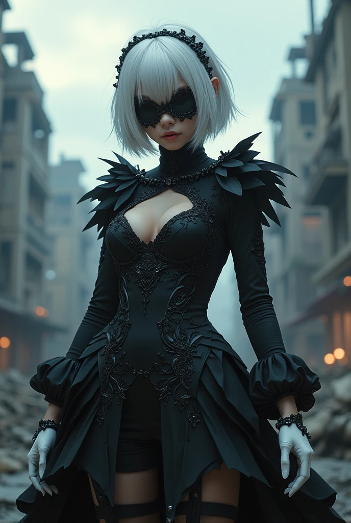 Character Description: 2B, a combat android from the YoRHa squadron, in her characteristic black ornate dress, white gloves, platinum white hair, and eyes hidden by a black blindfold. Facial Features: Calm yet determined expression, eyes concealed behind the black blindfold, with a small beauty mark below her lips. Specific Details: Black ornate dress with feather accents, white gloves, black high boots. The pose is a superhero landing, with one knee and one hand touching the ground, while the other hand is ready for action. Quality Properties: best quality, highres, 8k, masterpiece, photography. Visual Effects: High contrast, chiaroscuro, bokeh 1.5, glow lighting, film grain to give a cinematic and realistic look. Context and Setting: Post-apocalyptic environment with destroyed buildings in the background, a dark and cloudy sky, with 2B in the foreground in the described pose, looking directly at the viewer with a challenging attitude.