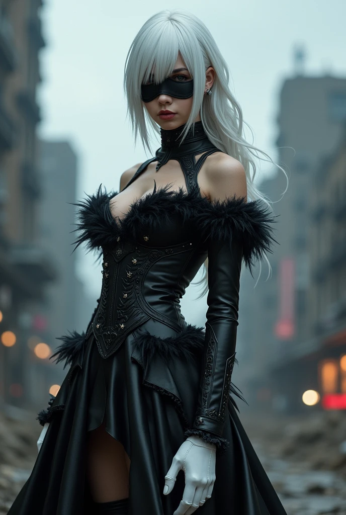 Character Description: 2B, a combat android from the YoRHa squadron, in her characteristic black ornate dress, white gloves, platinum white hair, and eyes hidden by a black blindfold. Facial Features: Calm yet determined expression, eyes concealed behind the black blindfold, with a small beauty mark below her lips. Specific Details: Black ornate dress with feather accents, white gloves, black high boots. The pose is a superhero landing, with one knee and one hand touching the ground, while the other hand is ready for action. Quality Properties: best quality, highres, 8k, masterpiece, photography. Visual Effects: High contrast, chiaroscuro, bokeh 1.5, glow lighting, film grain to give a cinematic and realistic look. Context and Setting: Post-apocalyptic environment with destroyed buildings in the background, a dark and cloudy sky, with 2B in the foreground in the described pose, looking directly at the viewer with a challenging attitude.