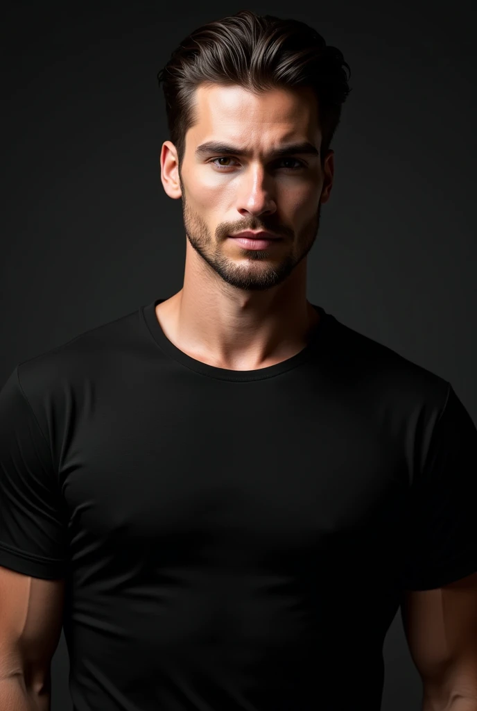 Handsome white man, clean face, light brown eyes, dark brown wavy hair with slick back hair model, with an black t shirt , background dark