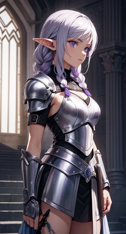 masterpiece, best quality, solo, warrior, braids, purple eyes, silver hair, elf, armor, sword,