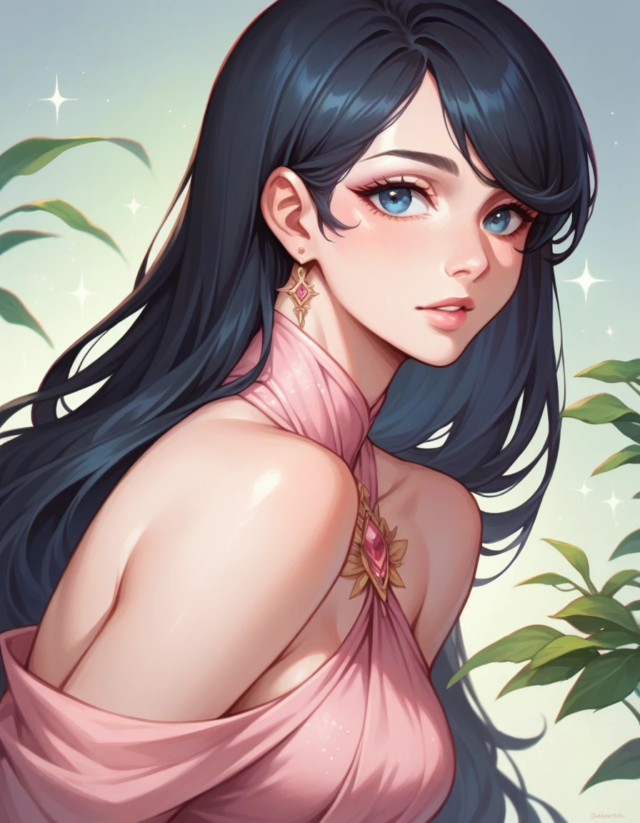 Beautiful woman with long black hair, side-swept bangs, sparkling blue eyes, light pink lips, fair skin. Beautiful renaissance pink dress.
