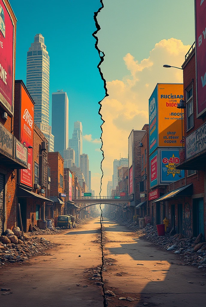 **“The Divide”** starkly contrasts the lives of the affluent and the impoverished. The artwork is split down the middle: the left side shows a luxurious cityscape with gleaming skyscrapers, and vibrant billboards, bathed in bright, saturated colors. In sharp contrast, the right side depicts a rundown neighborhood with dilapidated buildings, graffiti, and a lot of trash, portrayed in muted, earthy tones. The central divide features a cracked wall or fence symbolizing the social and physical barriers between these worlds. This visual contrast highlights the disparity in living conditions and urges viewers to reflect on the stark social inequalities and the need for meaningful reform.