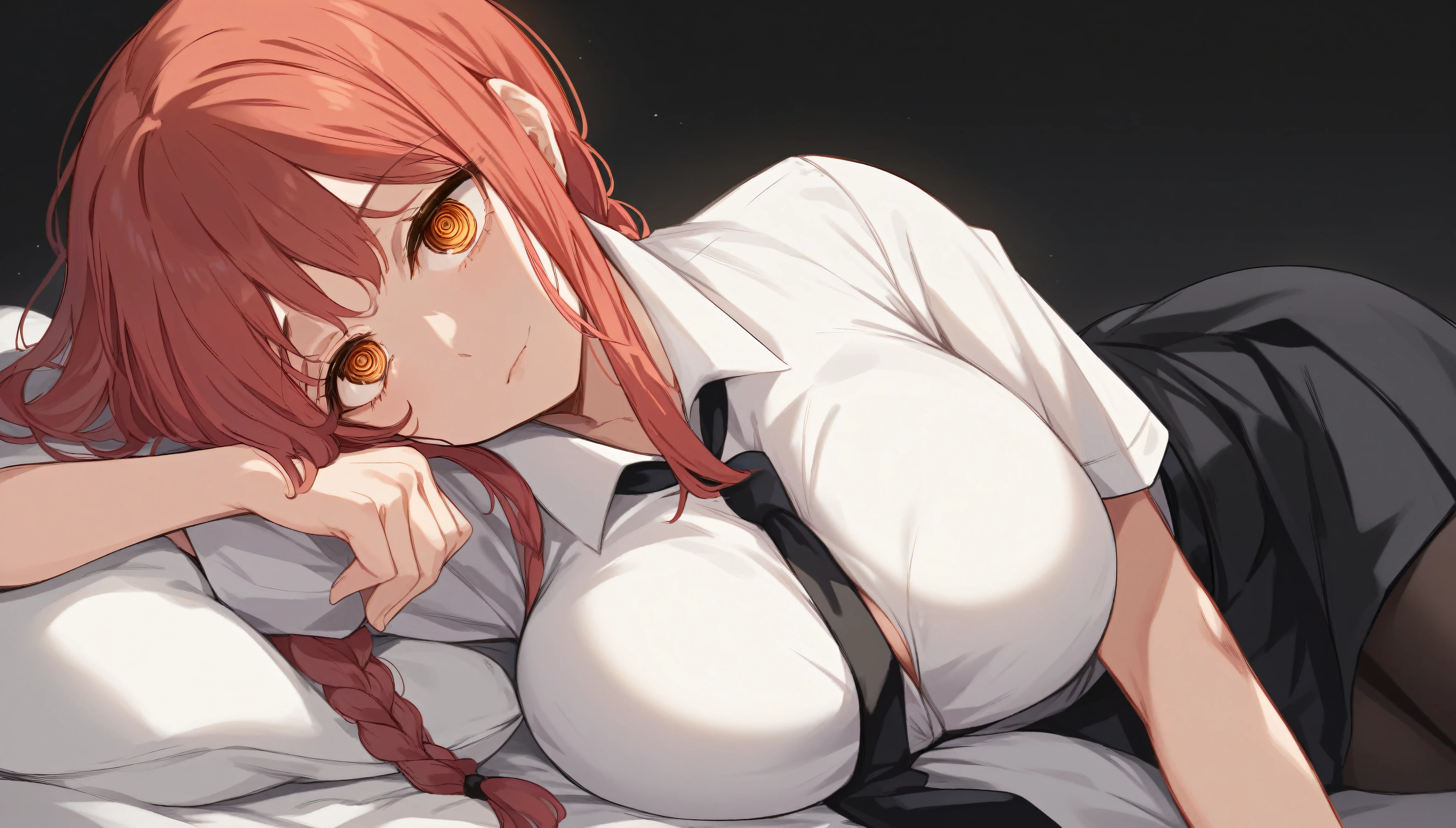 masterpiece，high resolution，Anime Art，Anime Numbers， 4k anime wallpaper，Soft Light，Solitary，Looking at the audience，Looking at the camera，1 anime girl，Lying down，Red hair, Braided long hair，(Bright Eyes: 1.4), (Golden Eyes: 1.3), Dilated pupils，A cold expression，Firm chest，Big breasts，White shirt，Black Tie，Black hip skirt，Black pantyhose，black background