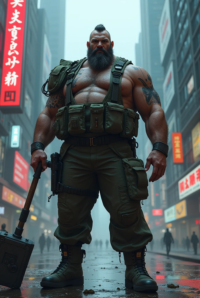 Create a 130-kilogram burly man, hunter and ex-military man with a combat hammer in his hand in the world of cyberpunk