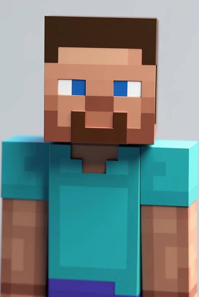 Steve from Minecraft with his white eyes and his muscular, square body wearing a light blue shirt