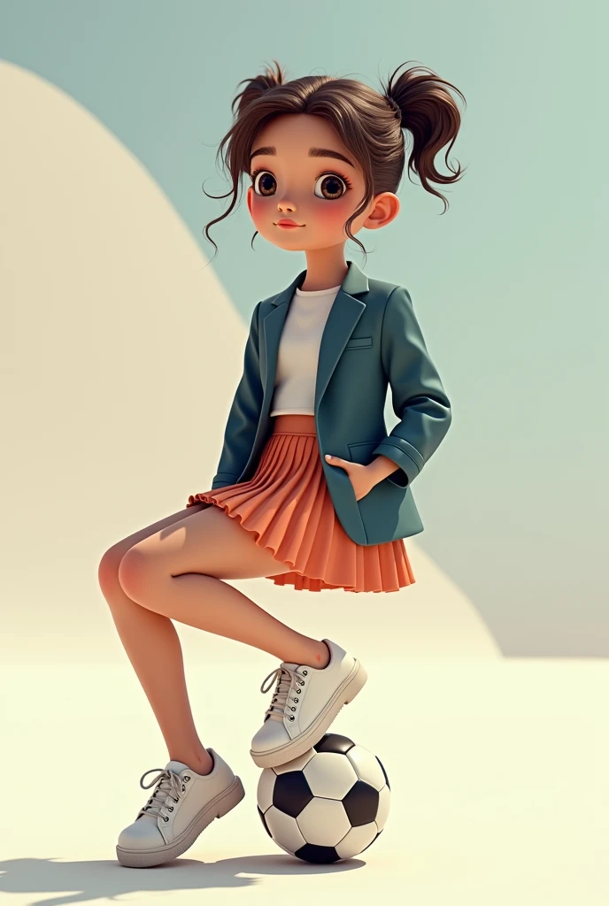 Girl in blazer skirt and sneakers sitting on a tiny soccer ball