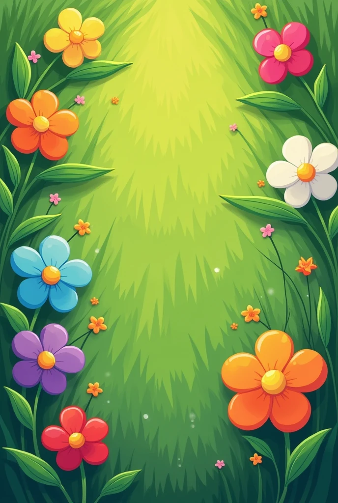 "Create a cartoon-style top-down view of a grassy field. The grass is lush and green, with a slightly textured, hand-drawn appearance. Scattered across the grass are 8 equally-sized flowers, each a different bright color (e.g., red, blue, yellow, pink, purple, orange, white, and green). The flowers are simple and whimsical, with rounded petals and a bold outline. The overall mood should be mystical