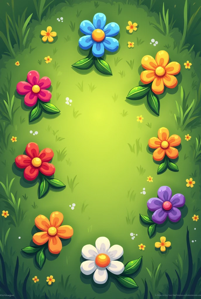 "Create a cartoon-style top-down view of a grassy field. The grass is lush and green, with a slightly textured, hand-drawn appearance. Scattered across the grass are 8 equally-sized flowers, each a different bright color (e.g., red, blue, yellow, pink, purple, orange, white, and green). The flowers are simple and whimsical, with rounded petals and a bold outline. The overall mood should be mystical