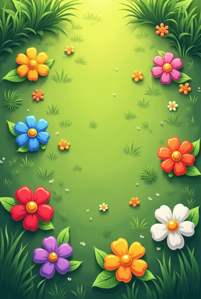 "Create a cartoon-style top-down view of a grassy field. The grass is lush and green, with a slightly textured, hand-drawn appearance. Scattered across the grass are 8 equally-sized flowers, each a different bright color (e.g., red, blue, yellow, pink, purple, orange, white, and green). The flowers are simple and whimsical, with rounded petals and a bold outline. The overall mood should be mystical