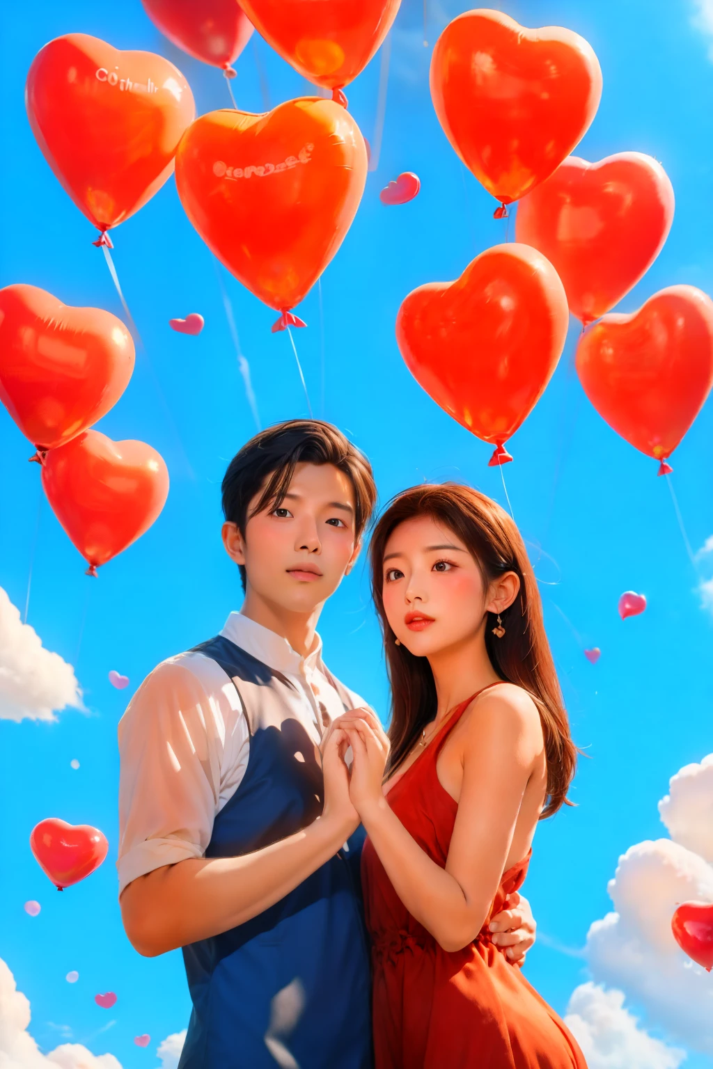 1 man 1 woman,couple,Heart,Hands together,flower,cloud,bubble,rose flower,balloon,cloud,Sky,