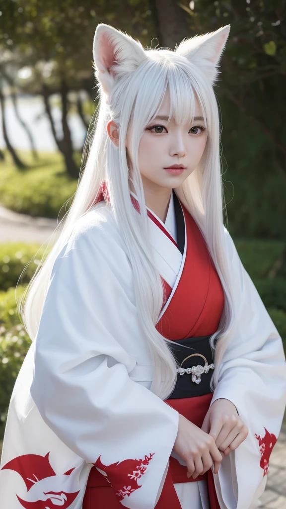 White Demon Fox、Nine-tailed Fox、Japanese women、kimono、Fair skin、Red lines on face、8K、I have long hair