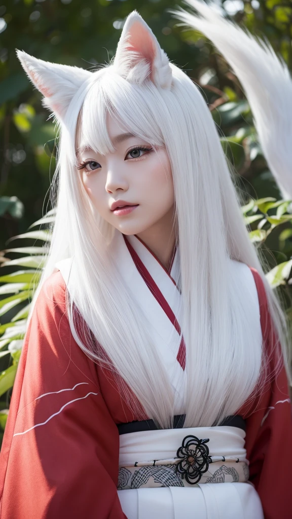 White Demon Fox、Nine-tailed Fox、Japanese women、kimono、Fair skin、Red lines on face、8K、I have long hair