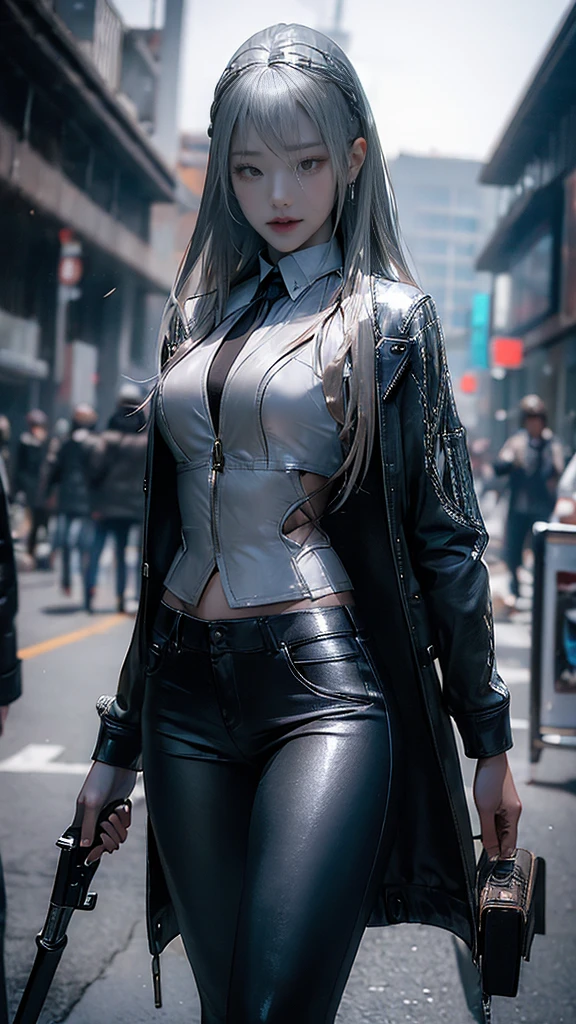 (long silver hair:1.5),Beautiful 25 year old Korean female vampire mercenary, brown skin, (Wearing a blue leather jacket and tight black pants.;1.3), Carrying a rifle, view from the front, waist shot, dynamic pose, Ambient lighting, photographic realism, Intricate facial details, Handcrafted details, very detailed, vivid colors, cinematic, high resolution, Popular styles Raw on Artstation
