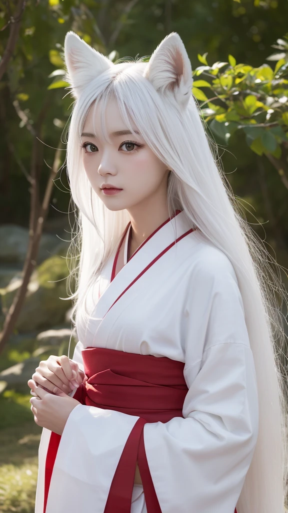 White Demon Fox、Nine-tailed Fox、Japanese women、kimono、Fair skin、Red lines on face、8K、I have long hair