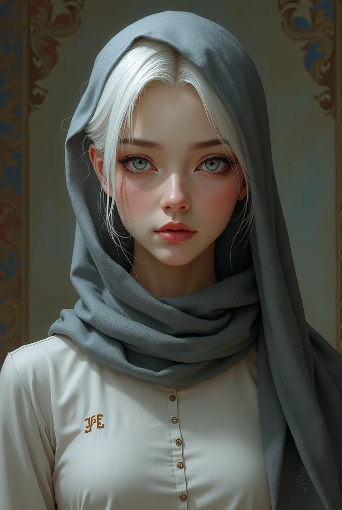 Veil on head, gray veil, white hair, gray white, Guvez art style, arrogant and indifferent girl, half-squinted, white eyeballs, white eyes, national style, gray-white with a nameMANTED-55 printed on his shirt