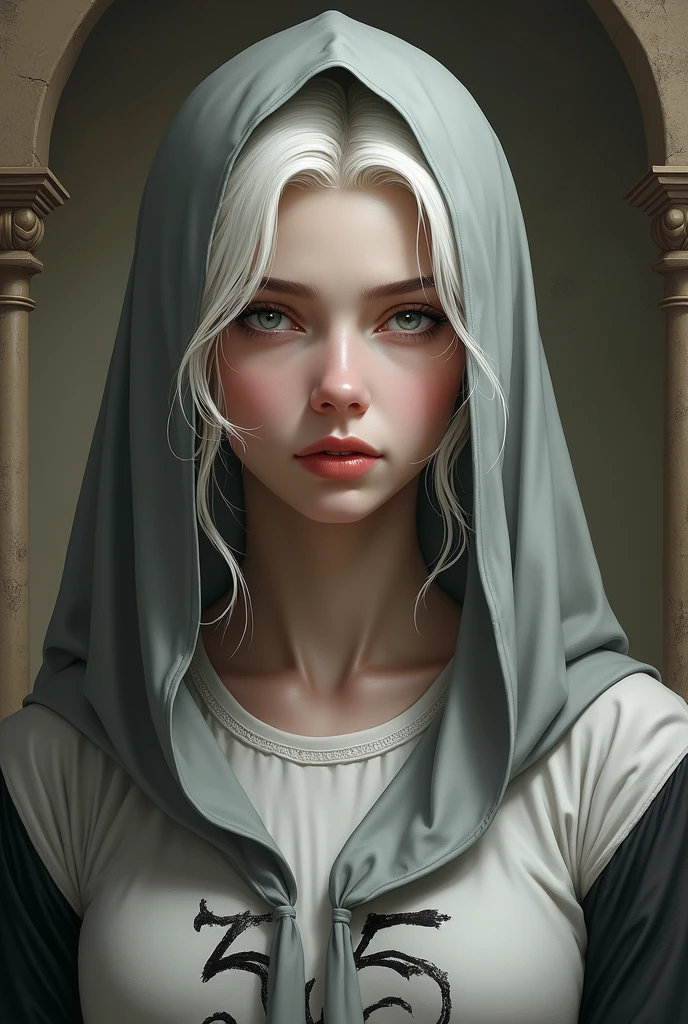 Veil on head, gray veil, white hair, gray white, Guvez art style, arrogant and indifferent girl, half-squinted, white eyeballs, white eyes, national style, gray-white with a nameMANTED-55 printed on his shirt