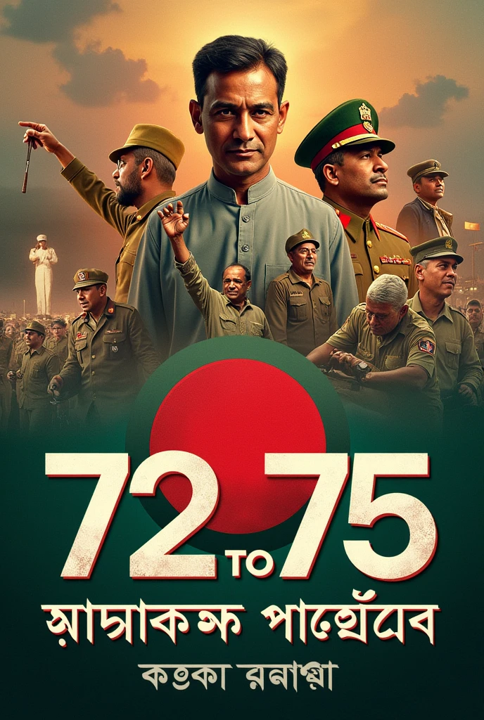 "Create a YouTube thumbnail for an audio book series titled '72 to 75 A History of Bangladesh Audio Book Part 1'. The design should reflect the historical period of 1972 to 1975 in Bangladesh. Include iconic imagery from that era, such as historical figures like shekih mujib, major dalim
, national symbols, or significant events. The color scheme should evoke a sense of history and importance, with bold text displaying the title in Bengali. Ensure the design is visually engaging to attract viewers interested in history and politics."