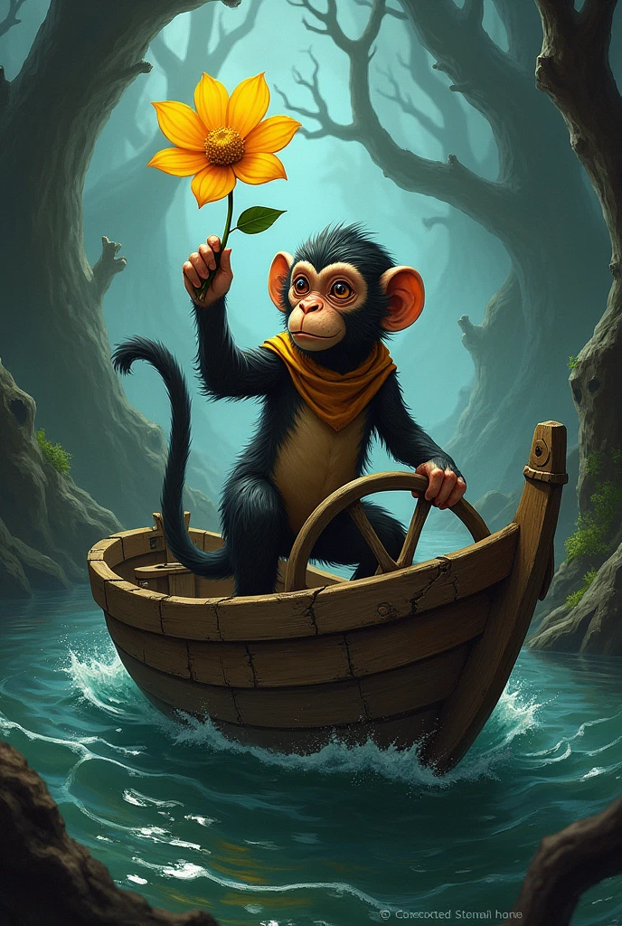 a card image of a monkey in a boat with a yellow flower, collectible Card art, Grim Gwent Card, full art, Card art, nightmare ranger, De Magic the Gathering, dnd Card art, the front of a of collectible cards, of collectible cards, nightmare, fantasy card game art, Magical style of meeting, deck of many things, full card design