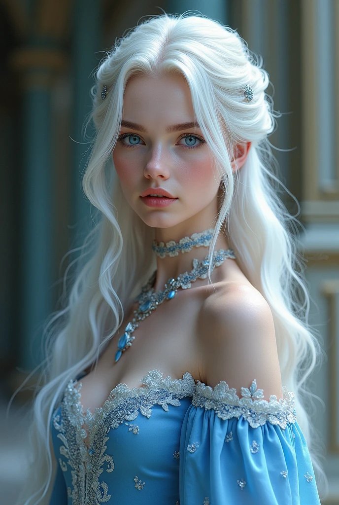 A white-haired princess,blue eyes,and a beautiful and striking blue dress