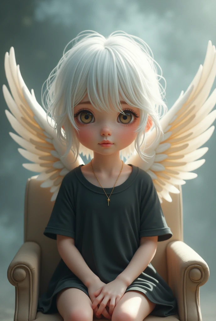 Cute baby girl
have a fairy face smooth skin  pink lips white  hair perfect body setting  in the chair a
  with black t-shirt and necklace 
and Smoky background and big wings of angel in the back

