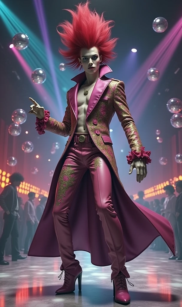 a disco-themed Hisoka Moro, a clown, "Magician", "Lazy God of Death", dancing, vibrant, groovy, retro 70s style, shiny disco balls, neon lights, dance floor, highly detailed, photorealistic, masterpiece, cinematic lighting, dynamic composition, beautiful detailed eyes, beautiful detailed lips, extremely detailed face and features, long eyelashes, dramatic pose, fashion illustration style, psychedelic colors, glowing highlights, volumetric lighting, seamless blending, striking silhouette, elegant flow of fabric, mesmerizing expression