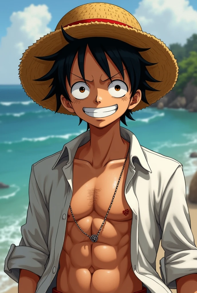 Luffy, straw Have, One person, Men&#39;s Center, alone, Have, Black Hair, smile, View your viewers, shirt, Grin, scar, water, Orange eyes, dirty, Open clothes, clavicle, white shirt, short hair、Realistic photos