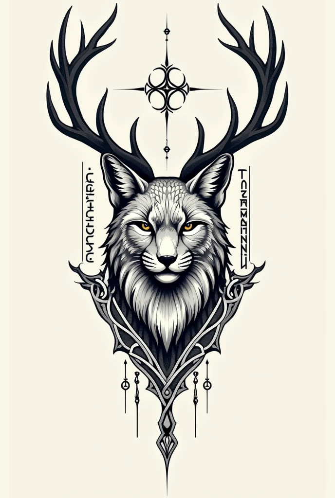 Could you create a sketch of a tattoo with just lines for the forearm of a lynx with deer antlers??, also with Nordic symbols
